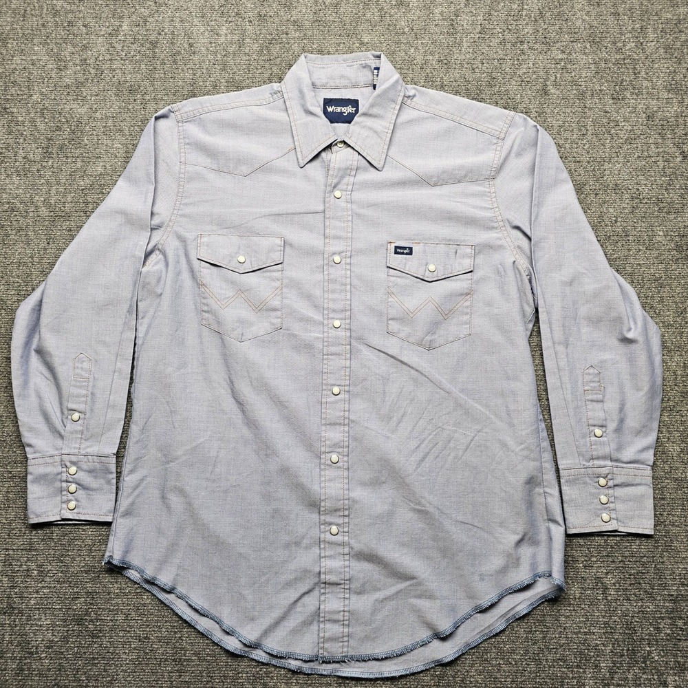 Wrangler Mens Blue Western Pearl Snap Shirt Long Sleeve 17x34 Workwear Cowboy
